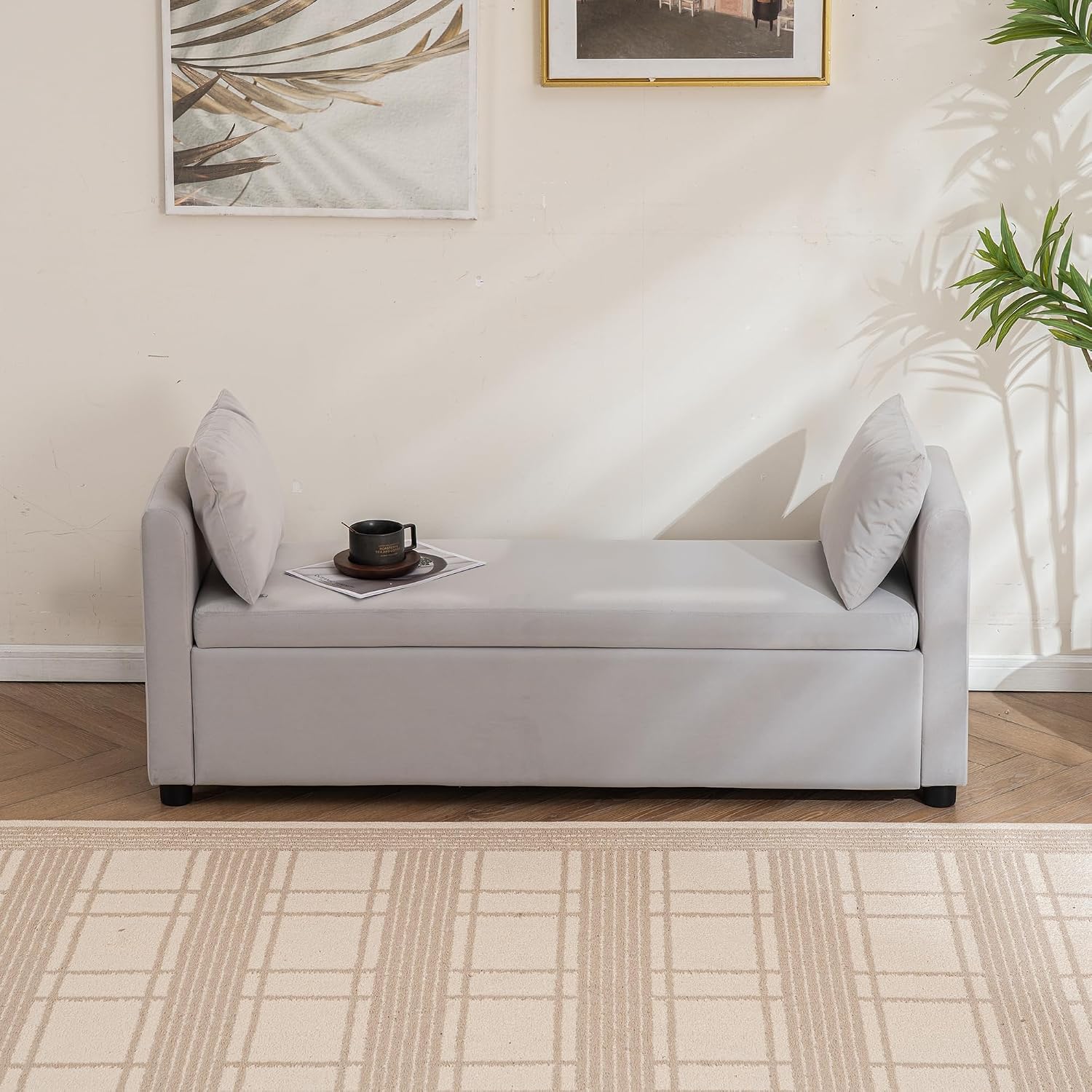 Storage Bench for Bedroom, 55" End of Bed Bench for King Size Bed, Modern Upholstered Long Ottoman Bench with Arms and 2 Pillows for Living Room/Entryway (Grey)