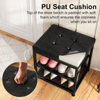 Small Shoe Storage Bench with PU Leather Seat Cushion, 3-Tier Freestanding Shoe Rack Organizer for Entryway, Heavy-Duty Metal Mesh Shelves, Supports Up to 300 lbs, Black (15.7"x11.4"x17.5")