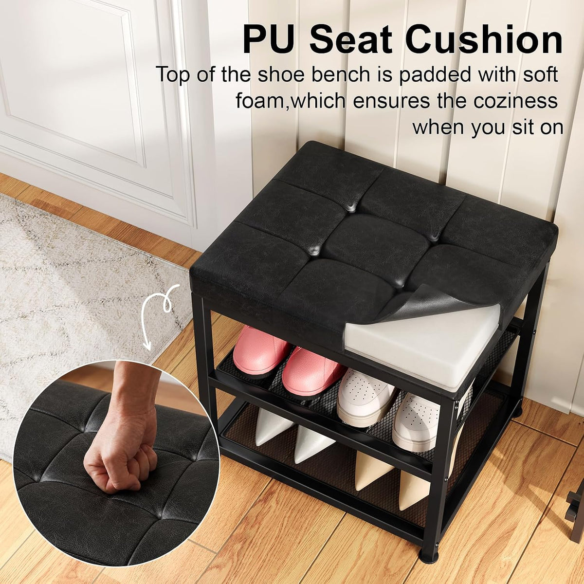 Small Shoe Storage Bench with PU Leather Seat Cushion, 3-Tier Freestanding Shoe Rack Organizer for Entryway, Heavy-Duty Metal Mesh Shelves, Supports Up to 300 lbs, Black (15.7"x11.4"x17.5")