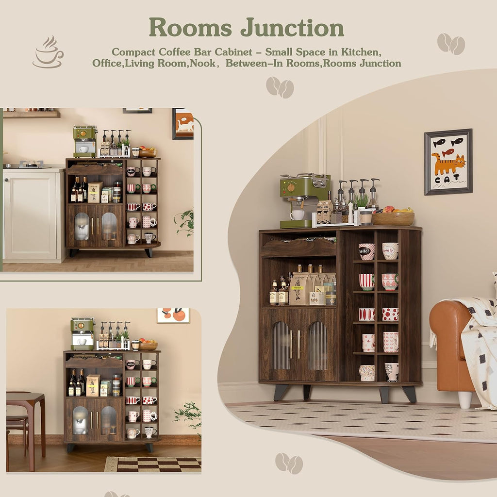 VINAEMO Coffee Bar Cabinet with 24-Cup Display, Large Drawer & Storage,Modern Buffet Sideboard for Kitchen, Medium Wooden Bar Station for Apartment，Walnut