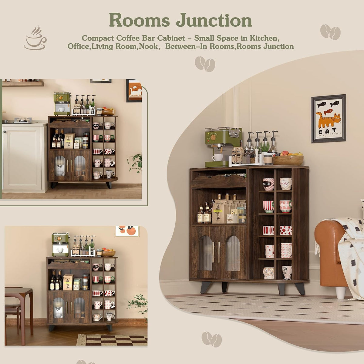VINAEMO Coffee Bar Cabinet with 24-Cup Display, Large Drawer & Storage,Modern Buffet Sideboard for Kitchen, Medium Wooden Bar Station for Apartment，Walnut