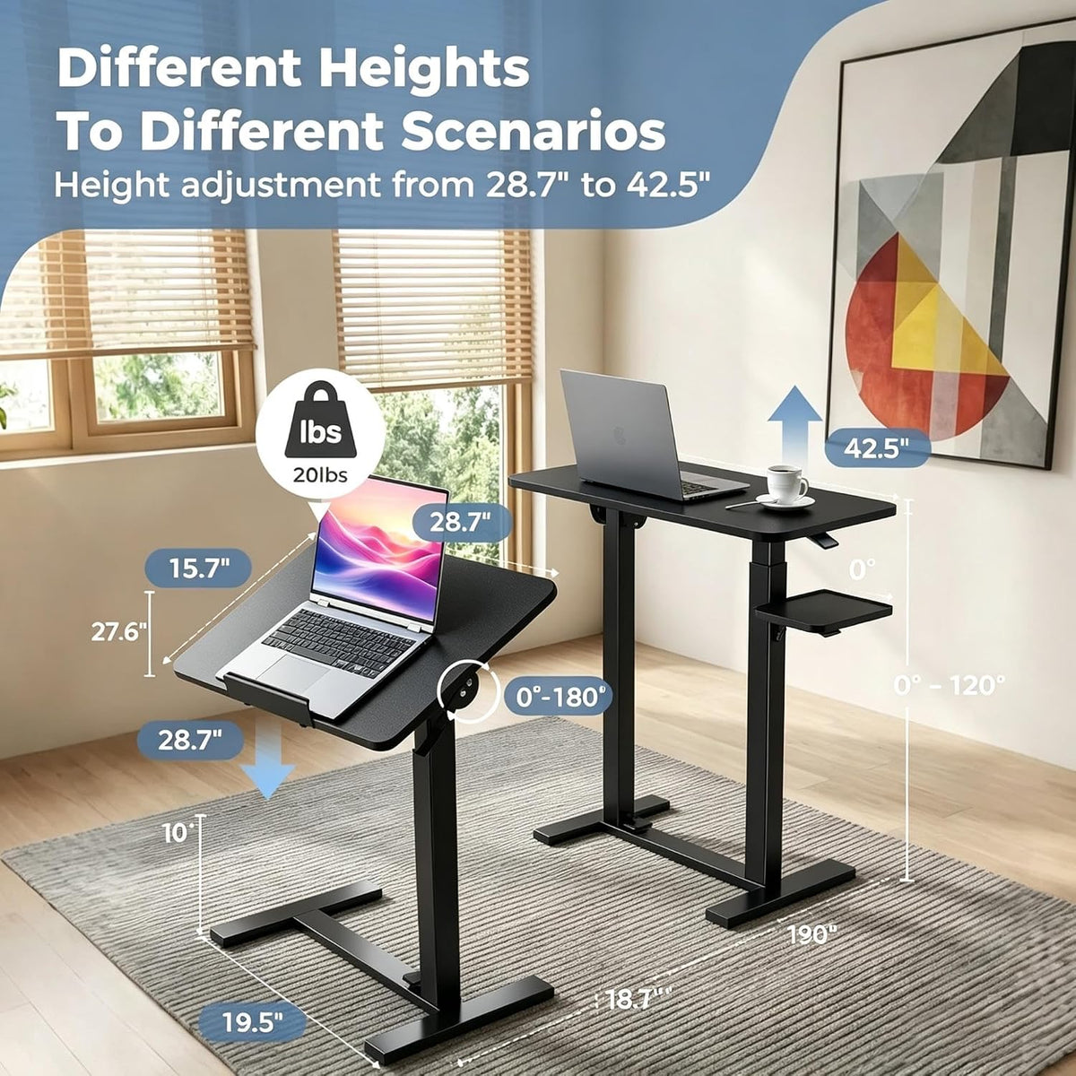 Adjustable Overbed Table with Gas Spring Tilting Desktop, Pneumatic Height Adjustment, H-Base Frame and Hidden Swivel Casters(Dual-sideflip-Black)
