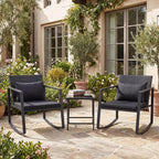 Tangkula 3 Pieces Outdoor Rocking Chairs Set, Rattan Heavy Duty Cushioned Rocker Chairs with Cushions, Pillows, Tempered Glass Table, Metal Frame for Garden, Balcony, Backyard (Black)