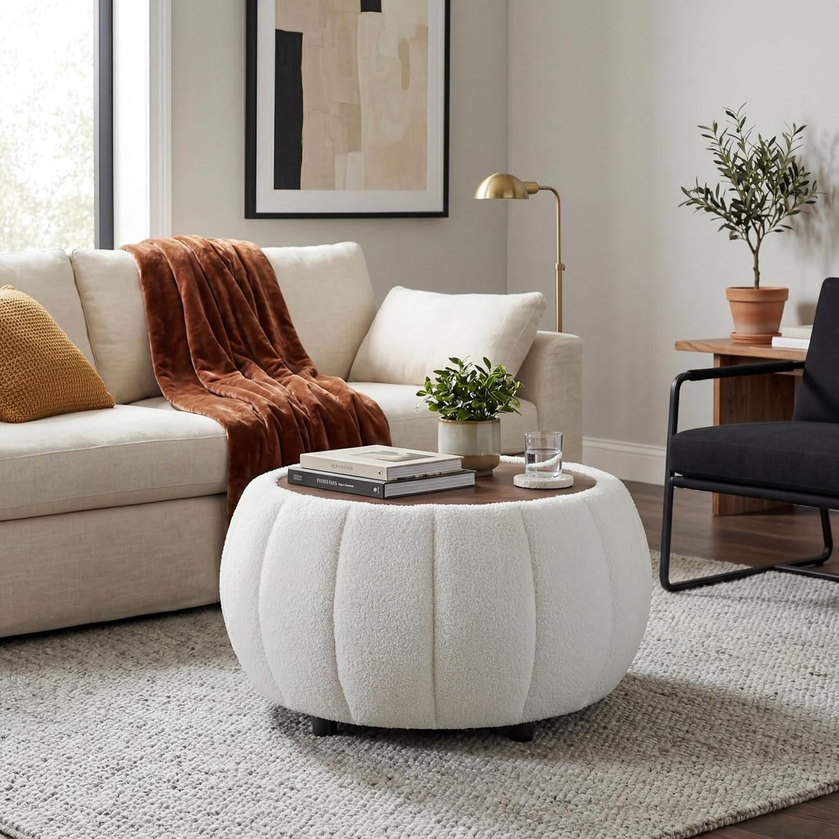Ottoman Coffee Table for Living Room, Wooden Top Large Storage Ottoman, 30 Inches Round Coffee Table, Pumpkin Shaped Side Table, Multifunctional Teddy Fabric Footstool (White)