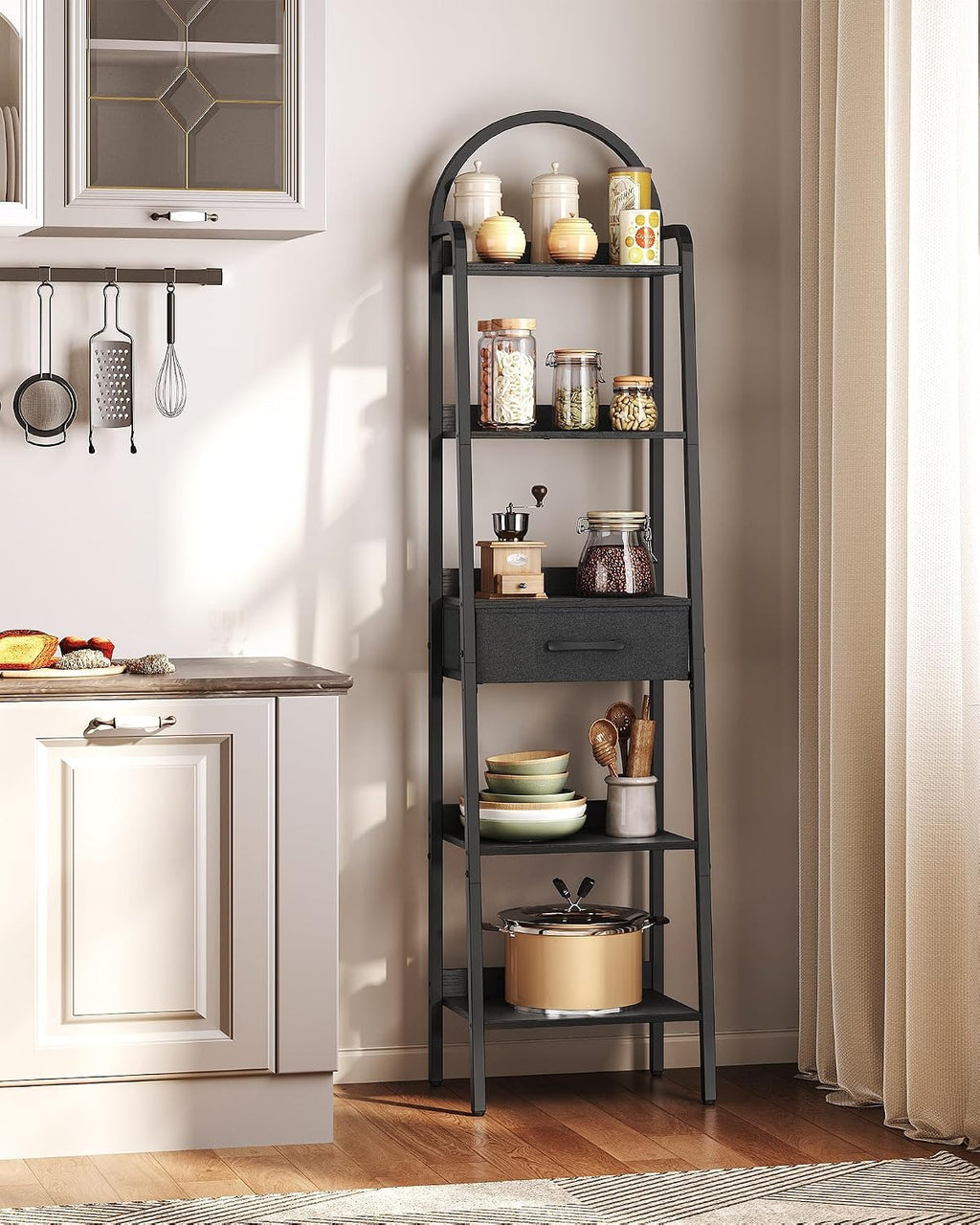 CHOEZON 5 Tier Ladder Shelf with Drawer, Tall Ladder Bookshelf, Standing Bookcase with Metal Frame for Living Room, Bathroom, Home Office, Study, Balcony, Black TCJ07BB