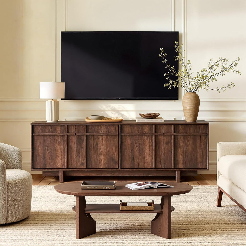 65.6" Mid Century Modern TV Stand for 75 Inch TV, Walnut | Media Console Cabinet with Storage, Skeletal Lines Design, Wood Grain Finish, Entertainment Center for Living Room, Bedroom