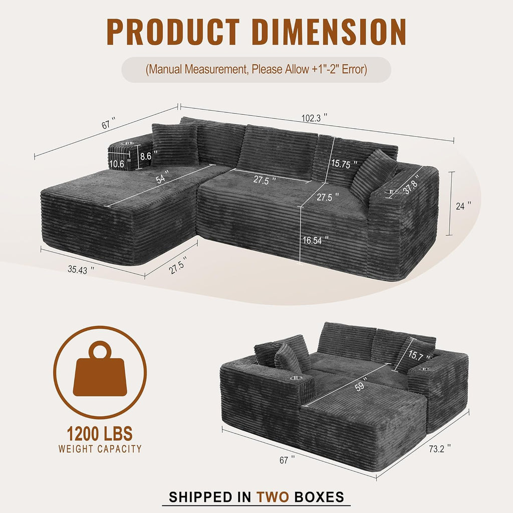 Shintenchi 103" Couches for Living Room with 2 Cup Holders,L Shaped Modular Sectional Sofa Set,No Assembly Needed Plush Corduroy Living Room Set,Dark Gray