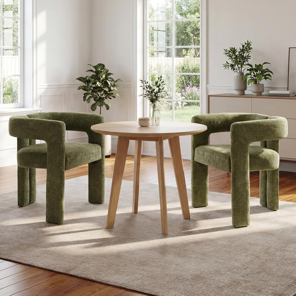 VESCASA Modern Barrel Dining Chairs Set of 2 with Open Back, Chenille Upholstered Accent Kitchen Armchairs with Wood Legs for Dining Room Reception Small Space, Green