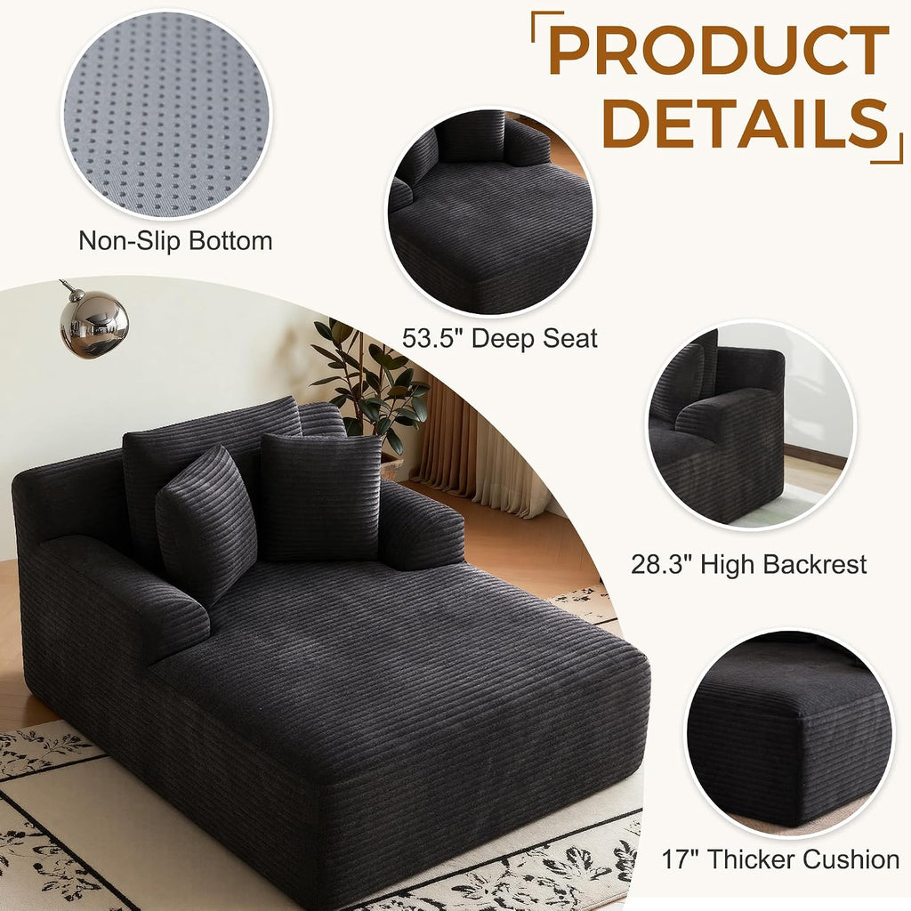 Avenix 66" Oversized Chaise Lounge Chair Indoor, Cloud Corduroy Reading Chair Deep Seat Sofa Couch Bed with 3 Pillows for Living Room, No Assembly Required, Black