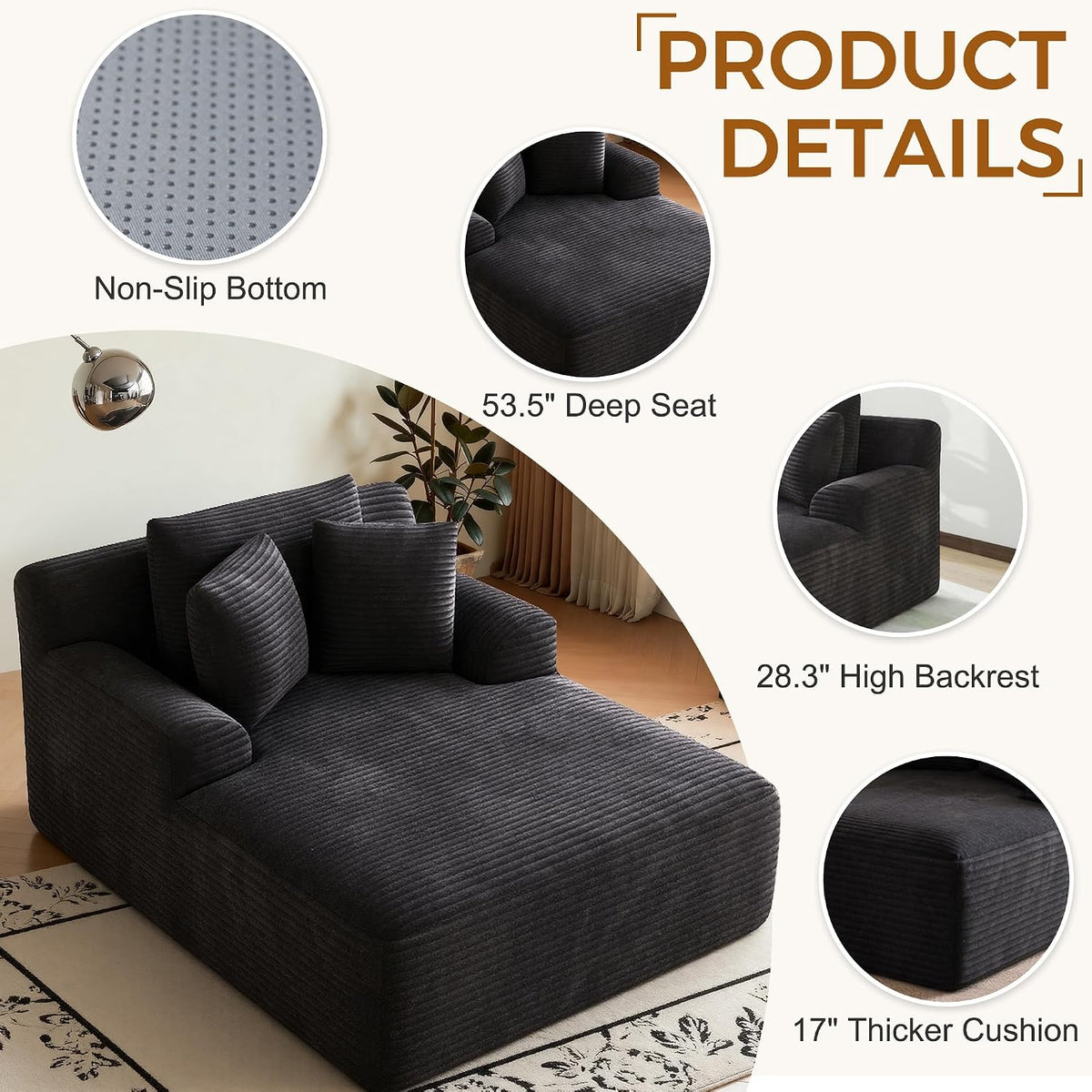 Avenix 66" Oversized Chaise Lounge Chair Indoor, Cloud Corduroy Reading Chair Deep Seat Sofa Couch Bed with 3 Pillows for Living Room, No Assembly Required, Black