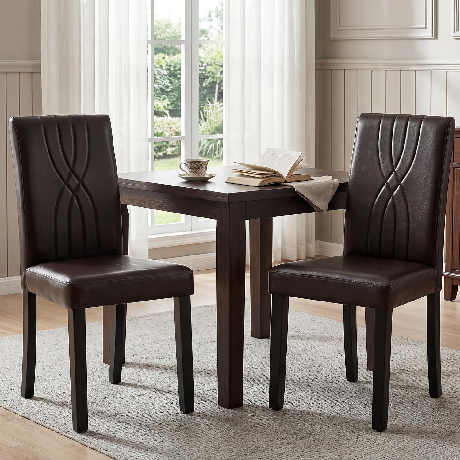 LSSBOUGHT Modern Dining Chair Set of 6,Urban Style Leather Kicthen Chairs with Solid Wood Legs for Dining Room and Restaurant (Brown-Quilted backrest)