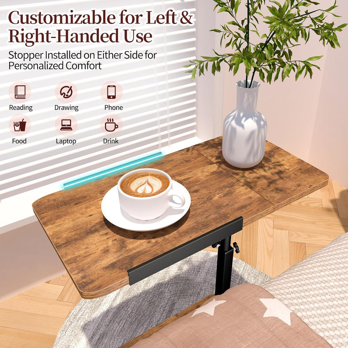 End Table Adjustable Height, 22.8"L Side Table Tv Tray with Wheels, 90° Tilting Panel Couch Table That Slides Under, Small End Table for Small Spaces, Overbed Bedside Desk Mobile Rolling Laptop Stand