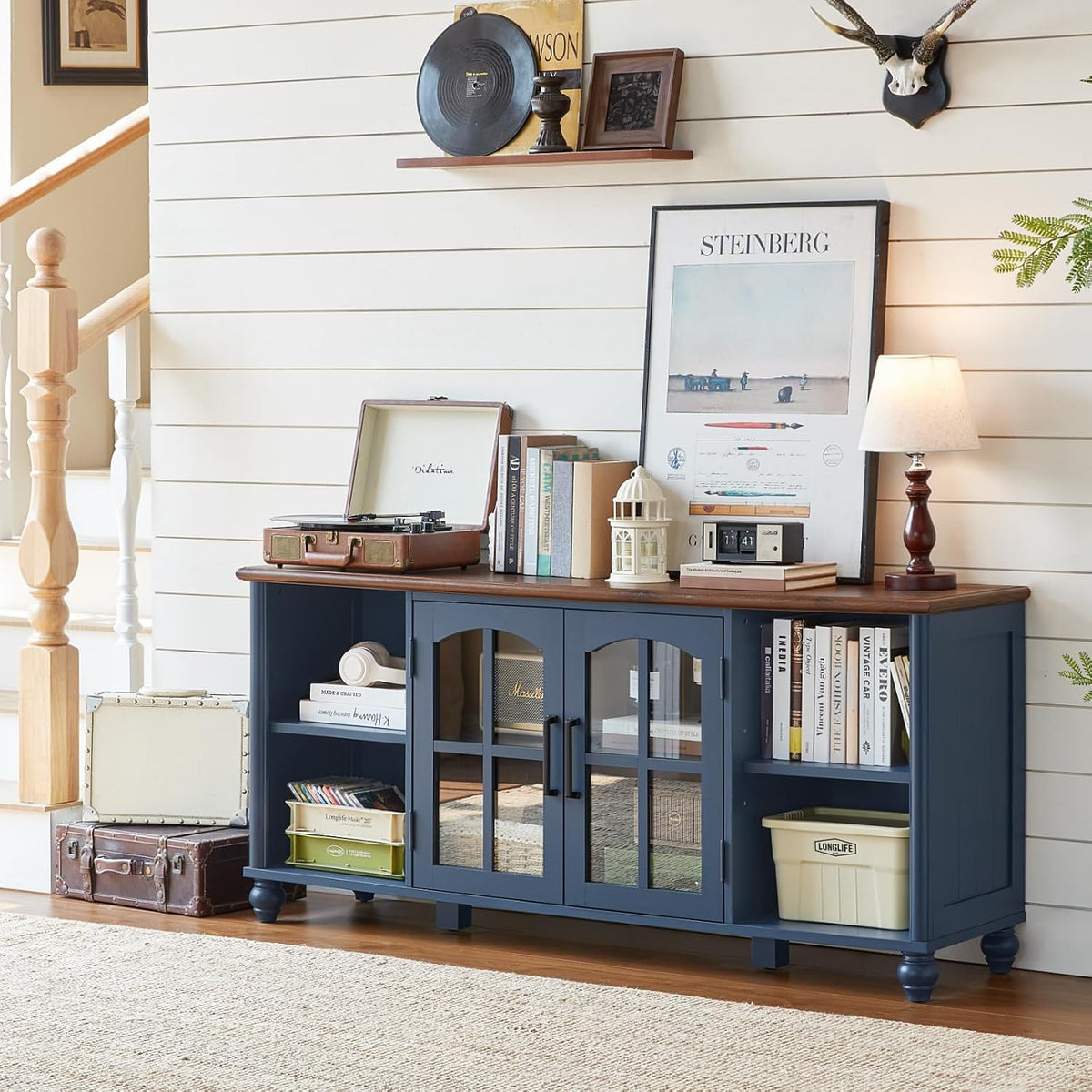 RWYHG Farmhouse TV Stand for 60 in TV, Entertainment Center for Living Room | Adjustable Shelves, Magnetic Glass Door, Sturdy Gourd Base, Wood Grain Top, High Capacity Storage Cabinet, Navy Blue