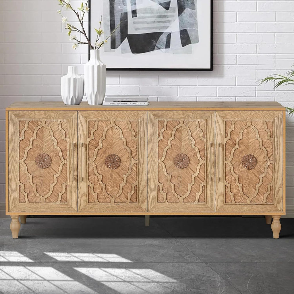 Sideboard Buffet 63" Credenzas for Living Room, Entryway Table with Storage Cabinet Natural Wood Color, Carved Flowers Doors & Cable Holes