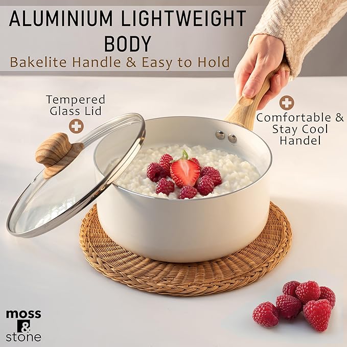 Moss & Stone 6 Pcs White Nonstick Cookware Set, Pots And Pans Set Non stick With Glass Lid, Induction Cookware, Stay-Cool Handle PTFE/PFOA Kitchen Pots 6-Piece with Frying Pans & Saucepan