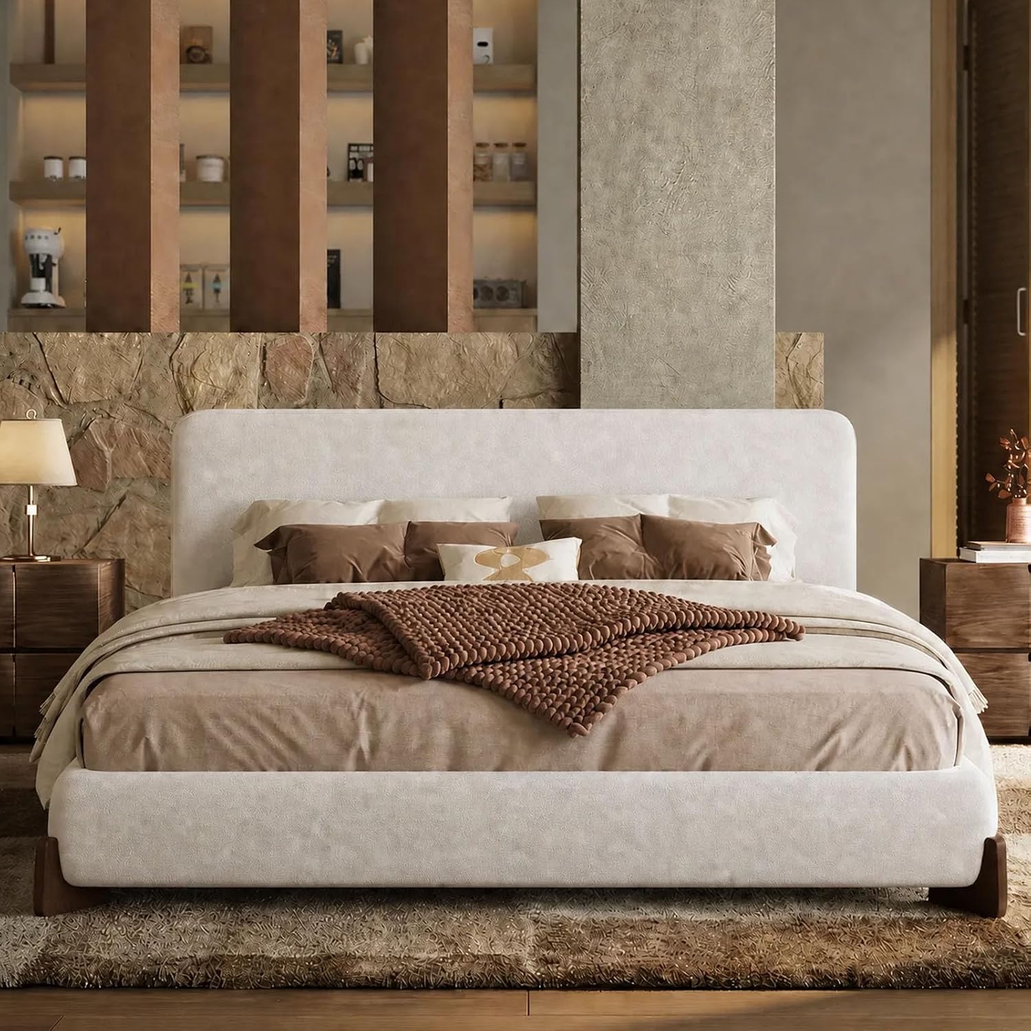 Kenhome Queen Size Boucle Cloud Bed Frame, White Upholstered Platform Bed with Soft Headboard, Solid Wood Legs, No Box Spring Required, Easy Assembly (Beige, Queen (U.S. Standard))