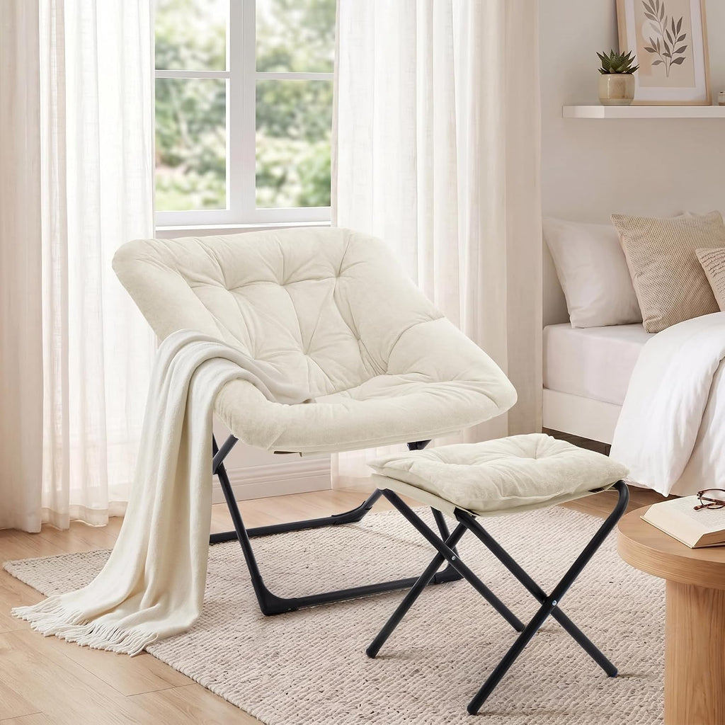 Saucer Chair with Ottoman, Foldable Living Room Chairs, Faux Fur Comfy Reading Chair, Lounge Chair for Bedroom Dorm Small Spaces, Beige