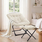 Saucer Chair with Ottoman, Foldable Living Room Chairs, Faux Fur Comfy Reading Chair, Lounge Chair for Bedroom Dorm Small Spaces, Beige