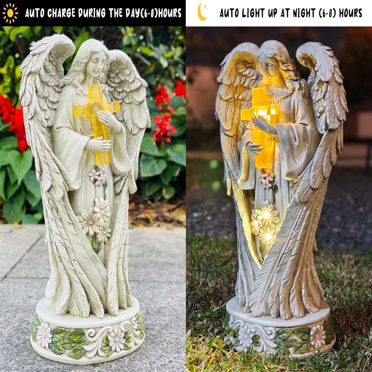 Angel Statue for Garden, Solar Angel for Cemetery Decorations, Unique Funeral Memorial Gifts, Praying Angel Cross Memorial Statue