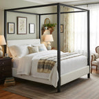 LUMISOL Queen Size Metal Canopy Bed with Upholstered Headboard, Modern Black Four Poster Bed Frame, Heavy Duty Canopy Platform Bedframe with Wood Slat Support & White Boucle Upholstery Fabric