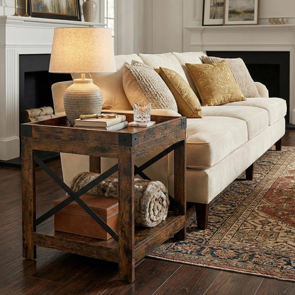 Farmhouse Square Side Table with Open Storage Shelves, Large End Table Modern Sofa Table with X-Metal Frame,Industrial Nightstand Coffee Table for Living Room Bedroom Office Small Spaces, Rustic Brown