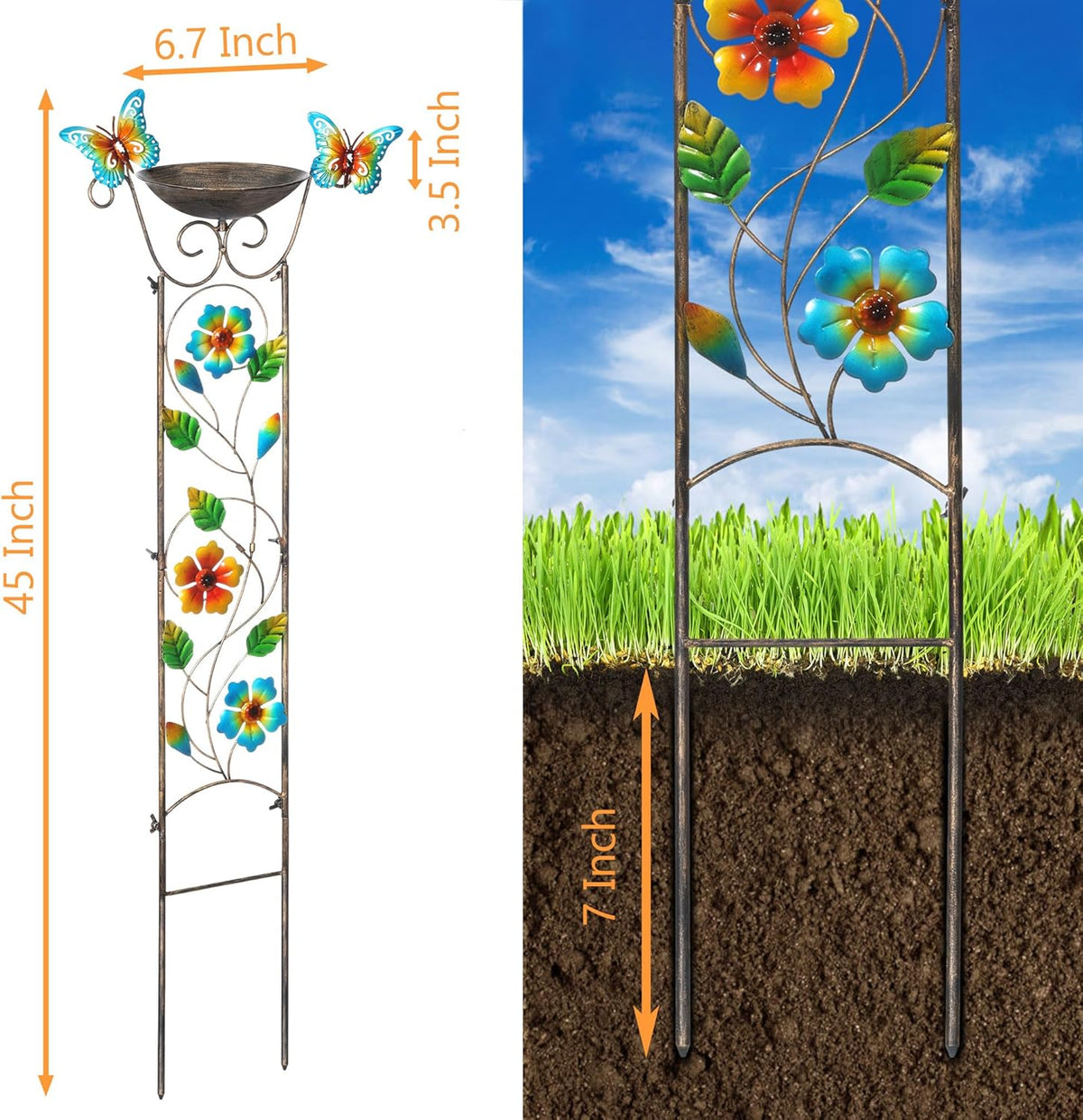 SUNNYPARK Bird Bath with Trellis Outdoor, Antique Garden Iron Plant Trellis with Decorative Floral-Butterflies Detachable Bird Bath Bowl Metal Potted Plants Support for Climbing Flowers