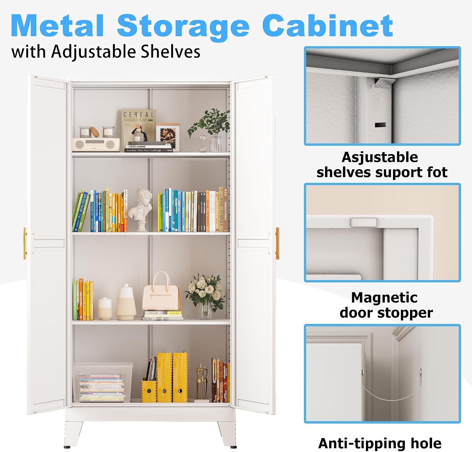 erosoei Metal Pantry Storage Cabinet, Kitchen Storage Cabinets with Adjustable Feet and Shelves, Metal Pantry Cabinet for Kitchen, Living Room, Laundry Room and Dinning Room (2door-White)