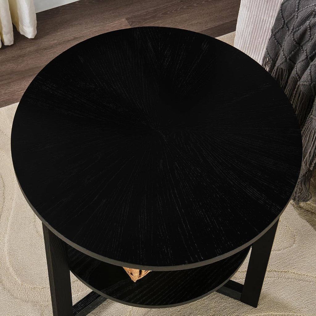 Round End Table, Farmhouse Side Table with Solid Wood Criss-Cross Legs for Small Space, Circle Beside Table with 2 Storage Shelves , SofaTable for Living Room, Bedroom, Nightstand, Black CJZ