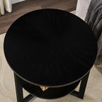 Round End Table, Farmhouse Side Table with Solid Wood Criss-Cross Legs for Small Space, Circle Beside Table with 2 Storage Shelves , SofaTable for Living Room, Bedroom, Nightstand, Black CJZ