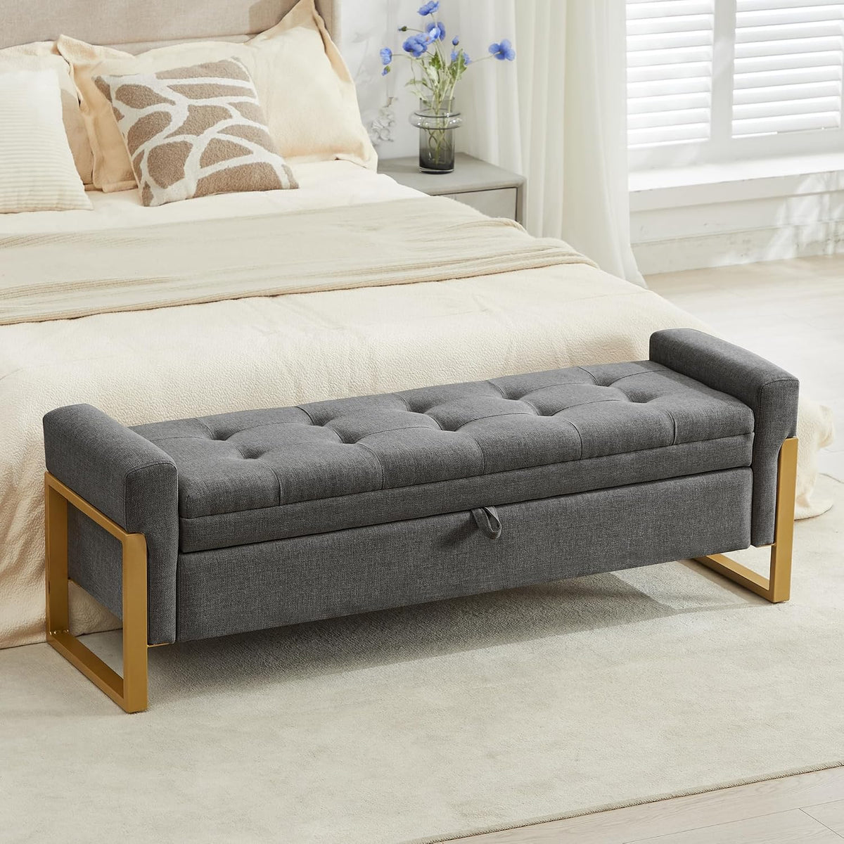 adochr 57" Storage Bench, Linen Upholstered Ottoman with Storage, Large End of Bed Bench with Metal Legs & Button-Tufted,500 lb Capacity, for Living Room, Bedroom, Entryway, Dark Grey