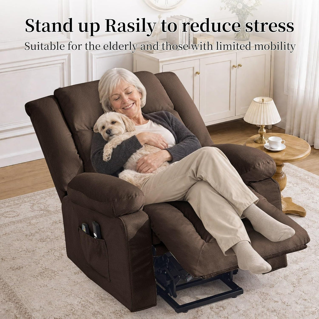 Korser Dual Motor Power Lift Recliner Chair for Elderly with Massage and Heat, Oversized Electric Recliner with Side Pockets, Living Room, Waffle, Brown