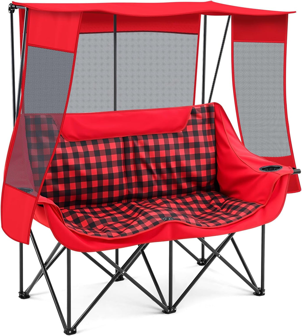 Teenyyou Double Camping Chair with Canopy - 2 Person Beach Chair with UV Sun Protection 660lbs Heavy Duty Foldable Loveseat with 2 Cup Holder & Storage Bag for Lawn Beach Outdoor Sport(Red Plaid)