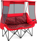 Teenyyou Double Camping Chair with Canopy - 2 Person Beach Chair with UV Sun Protection 660lbs Heavy Duty Foldable Loveseat with 2 Cup Holder & Storage Bag for Lawn Beach Outdoor Sport(Red Plaid)