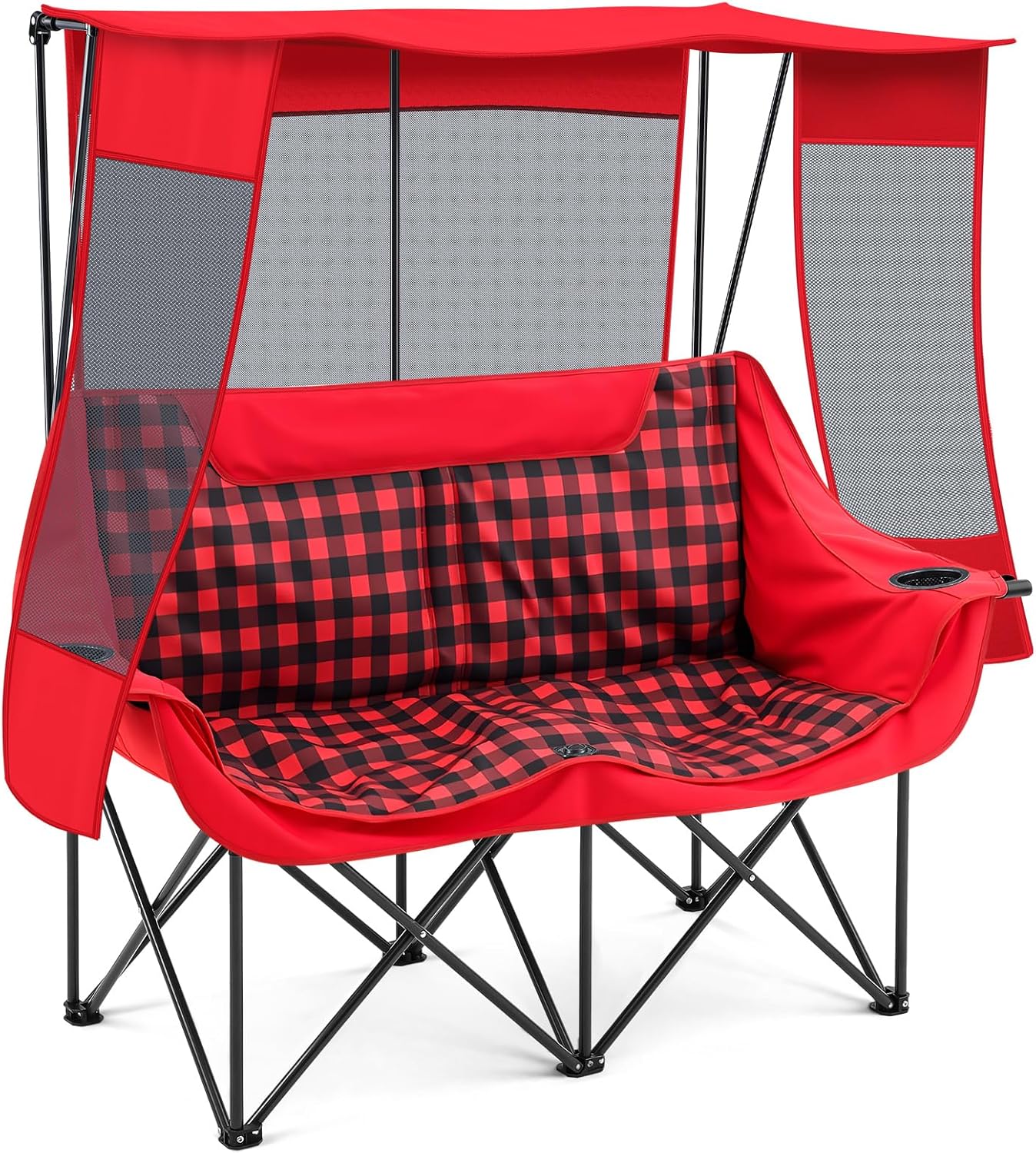 Teenyyou Double Camping Chair with Canopy - 2 Person Beach Chair with UV Sun Protection 660lbs Heavy Duty Foldable Loveseat with 2 Cup Holder & Storage Bag for Lawn Beach Outdoor Sport(Red Plaid)