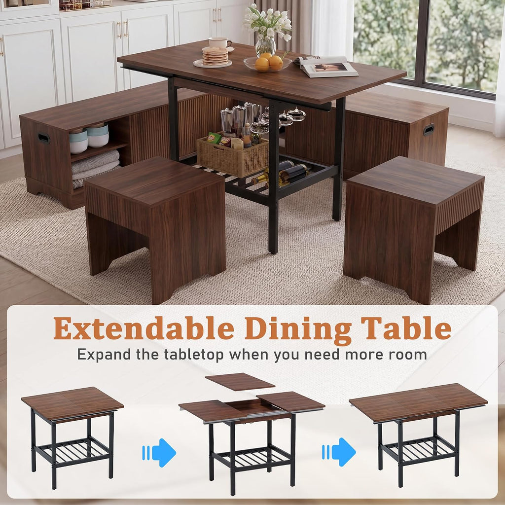 Extendable Breakfast Nook Table Set with Storage Benches & Stools, 6-Piece Corner Dining Table Set, Kitchen Nook Table Set with Glass Holder for Small Space, Indoor/Outdoor Use (Walnut(No Cushion))