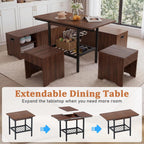 Extendable Breakfast Nook Table Set with Storage Benches & Stools, 6-Piece Corner Dining Table Set, Kitchen Nook Table Set with Glass Holder for Small Space, Indoor/Outdoor Use (Walnut(No Cushion))