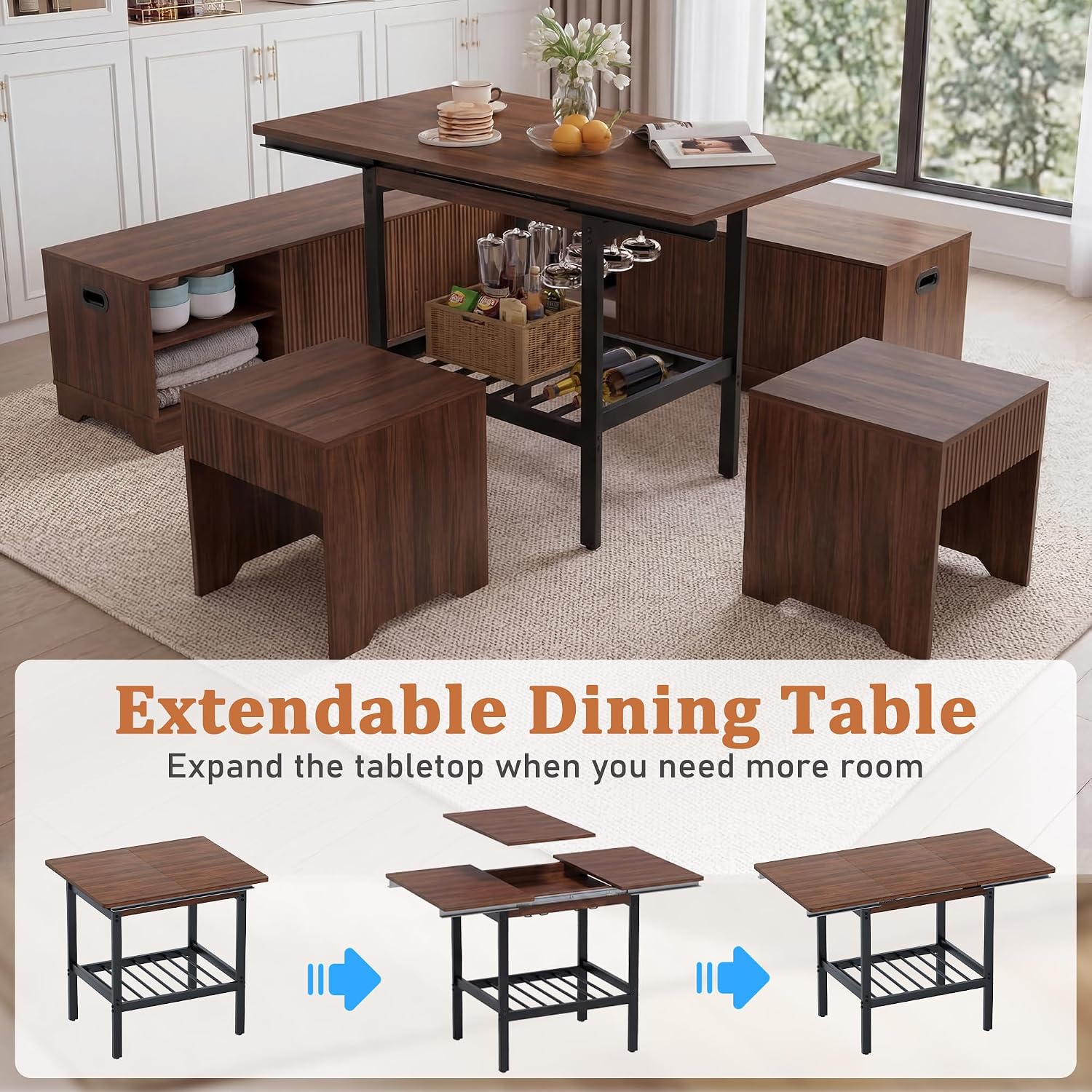 Extendable Breakfast Nook Table Set with Storage Benches & Stools, 6-Piece Corner Dining Table Set, Kitchen Nook Table Set with Glass Holder for Small Space, Indoor/Outdoor Use (Walnut(No Cushion))