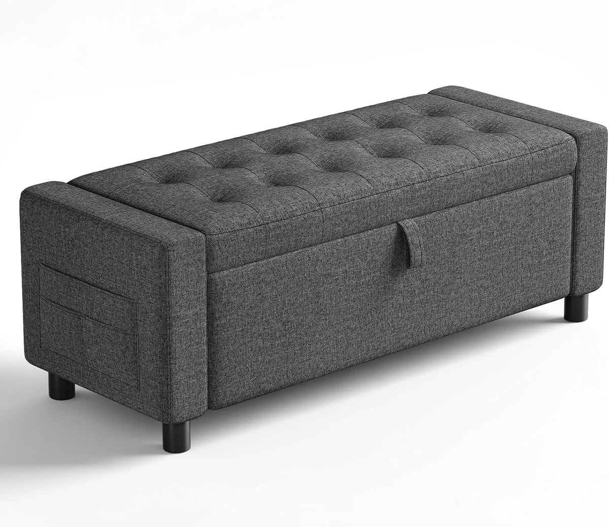 Amada 46" Storage Ottoman Bench, Side Pocket, Safety Hinge, Dark Gray | 30 Gallon (112 Liter) Hidden Storage, Holds 400 lbs, 3.14" Thick Foam, End of Bed Bench, Bench for Living Room, Bedroom