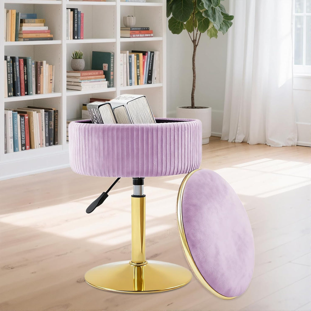 Adjustable Vanity Stool, Velvet Makeup Stool with Storage Purple | Small Vanity Chair, 360° Swivel Round Ottoman with Gold Base for Living Room, Bedroom
