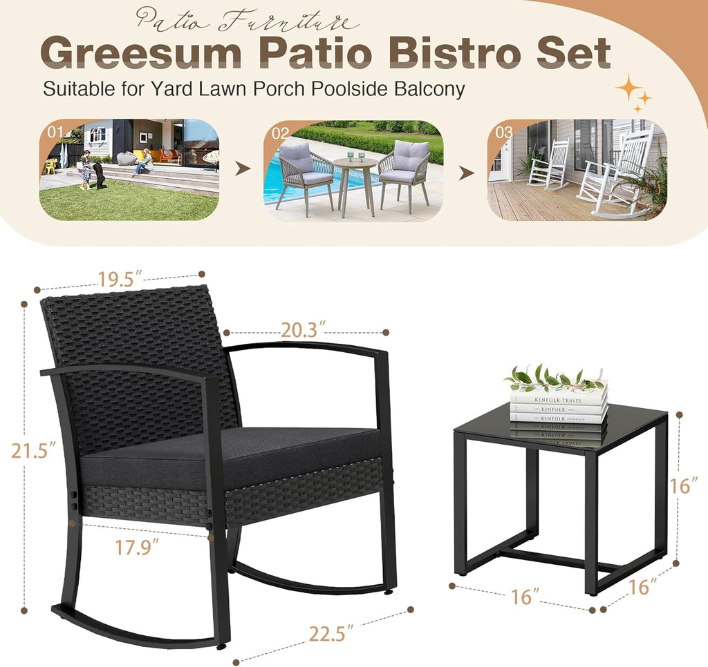 Greesum 3 Pieces Outdoor Furniture Set Patio Bistro Rocking Chairs with Glass Coffee Table for Pool Beach Backyard Balcony Porch Deck Garden, Black
