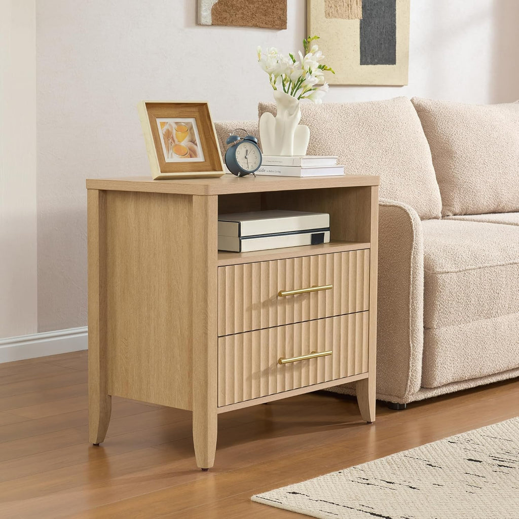 Fluted Nightstand with 2 Drawers, 27" Modern Nightstands Set of 2 with Storage, Large Queen Size Bed Side Table and End Table for Bedroom, Living Room, Office,(Natural Oak,2 Pieces)