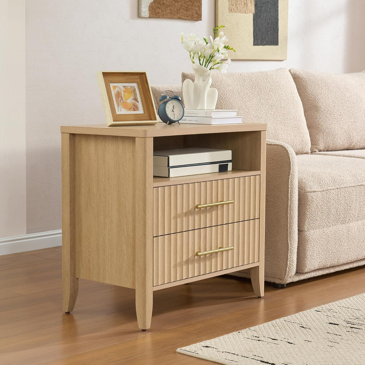 Fluted Nightstand with 2 Drawers, 27" Modern Nightstands Set of 2 with Storage, Large Queen Size Bed Side Table and End Table for Bedroom, Living Room, Office,(Natural Oak,2 Pieces)