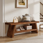 Solid Wood Entryway Bench, 2-Tier Wooden Storage Bench, Farmhouse Indoor Shoe Bench Seat for Entry, Living Room, Dining Room, Bedroom (Brown)