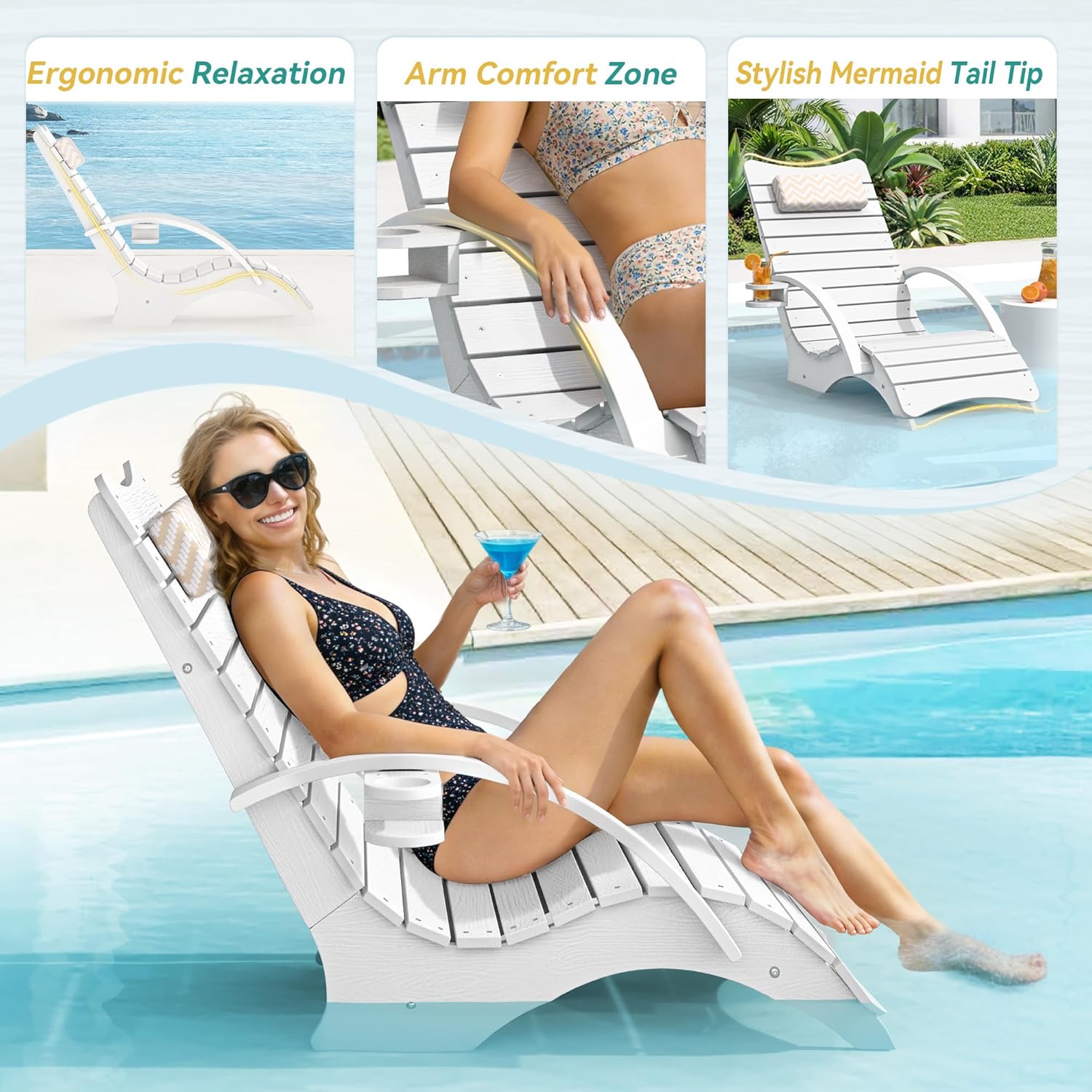 Pool Lounge Chairs Set of 2, Shallow Water 8-10 Inches Deep, HDPS Fade Resistant Pool Tanning Chair with Armrest, Cup Holder, Headrest, 330lbs Capacity, Outdoor Deck Sun Shelf Lounger, White