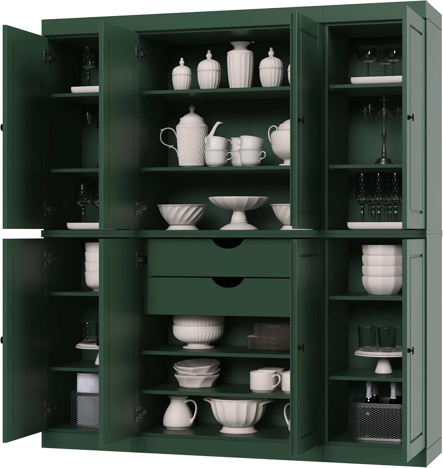 Palace Imports Solid Wood Storage Cabinet - 71.5" Tall, 65" Wide Freestanding Kitchen Pantry with 2-Drawer Kit & Adjustable Shelves – Green, Renewable Eco-Friendly 100% Wood, Made in Brazil