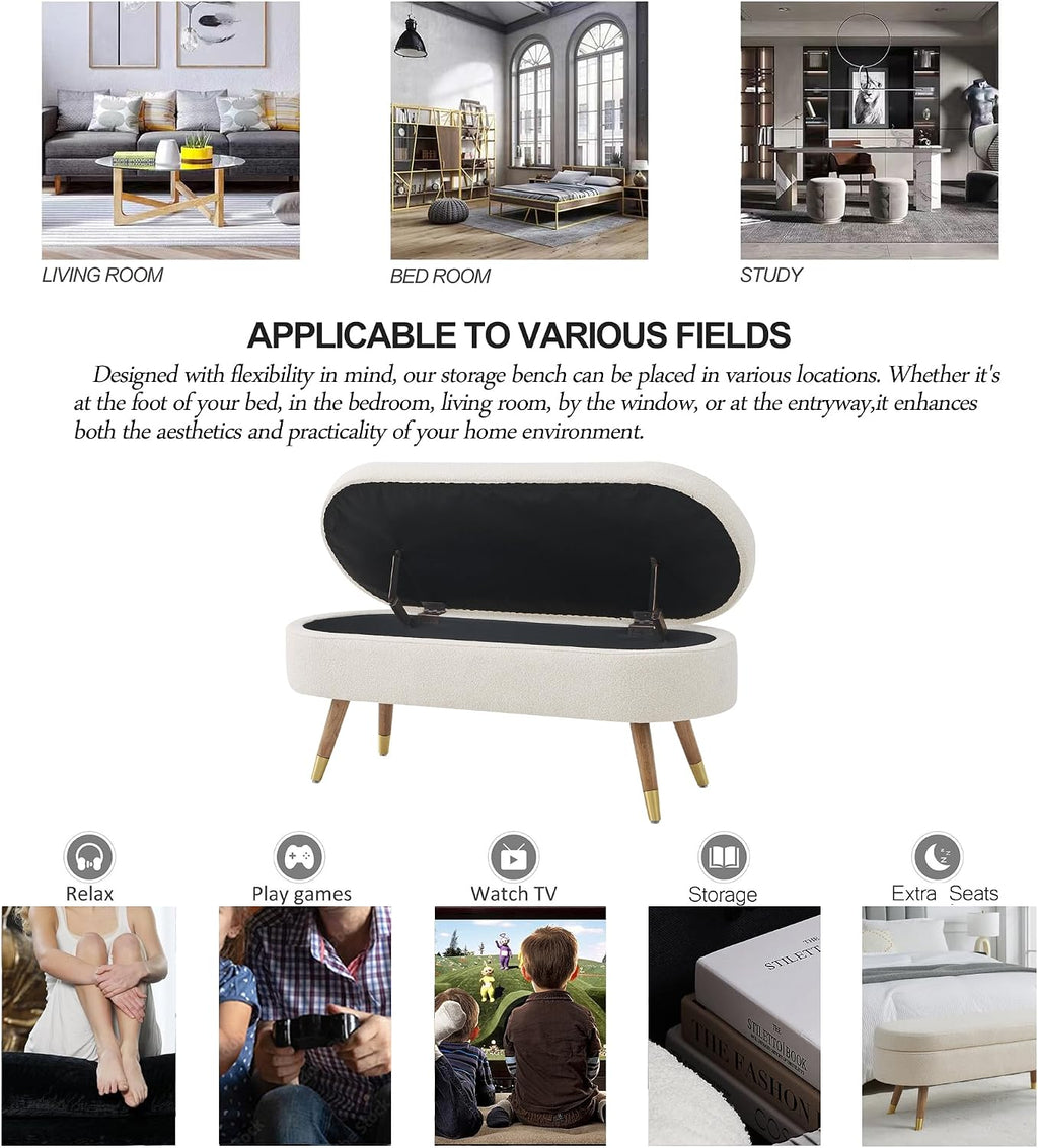 IAFIKE Oval Storage Bench 43.5" Ottoman Bench Upholstered Boucle Fabric Footrest Bench with Golden Metal Legs End of Bed for Bedroom, Living Room, Entryway,Bed Side (Beige)