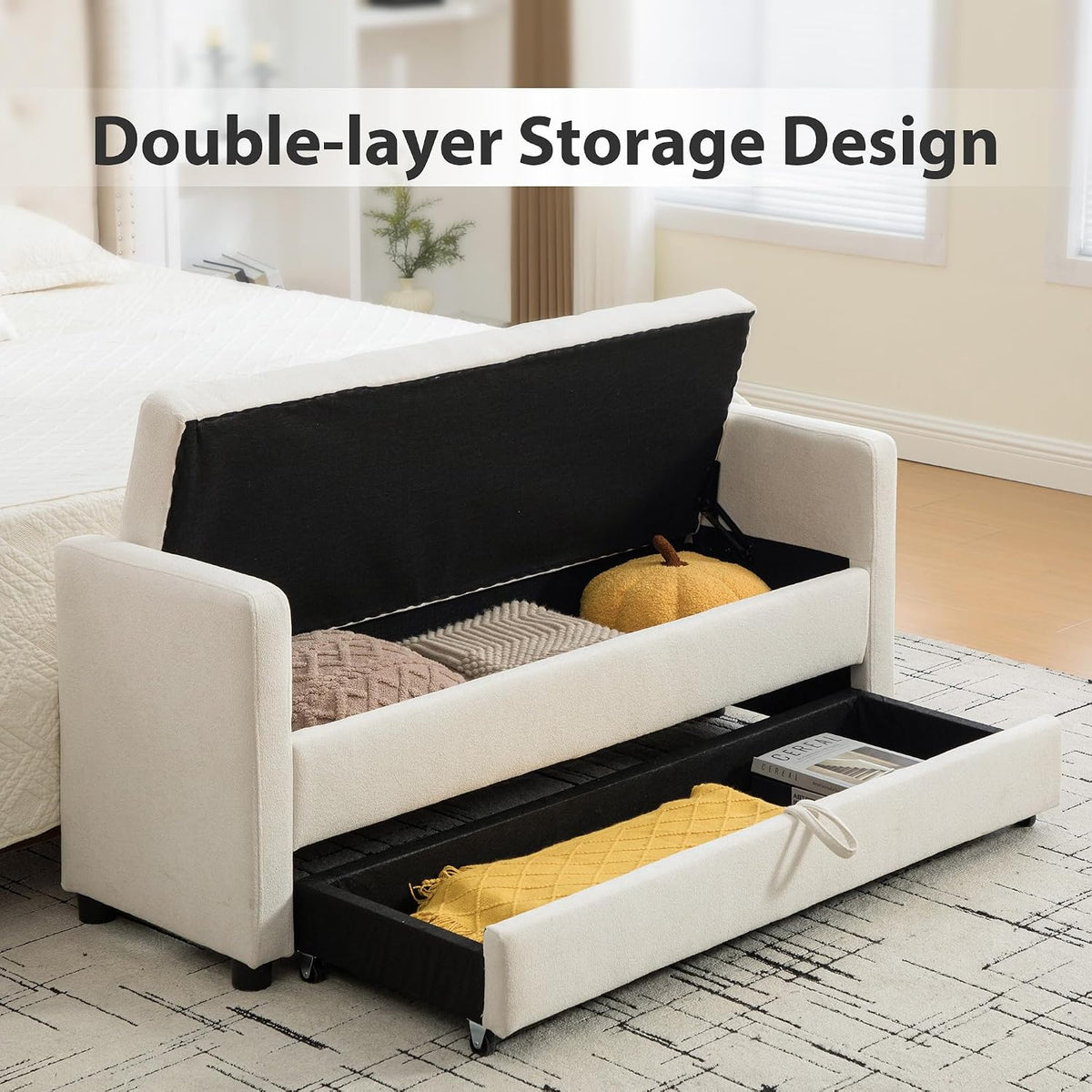 Chifee & Vingol 58.27" W Ottoman Bench with Double Storage Space, Upholstered End of Bed Storage Bench Entryway Shoe Benches,Beige