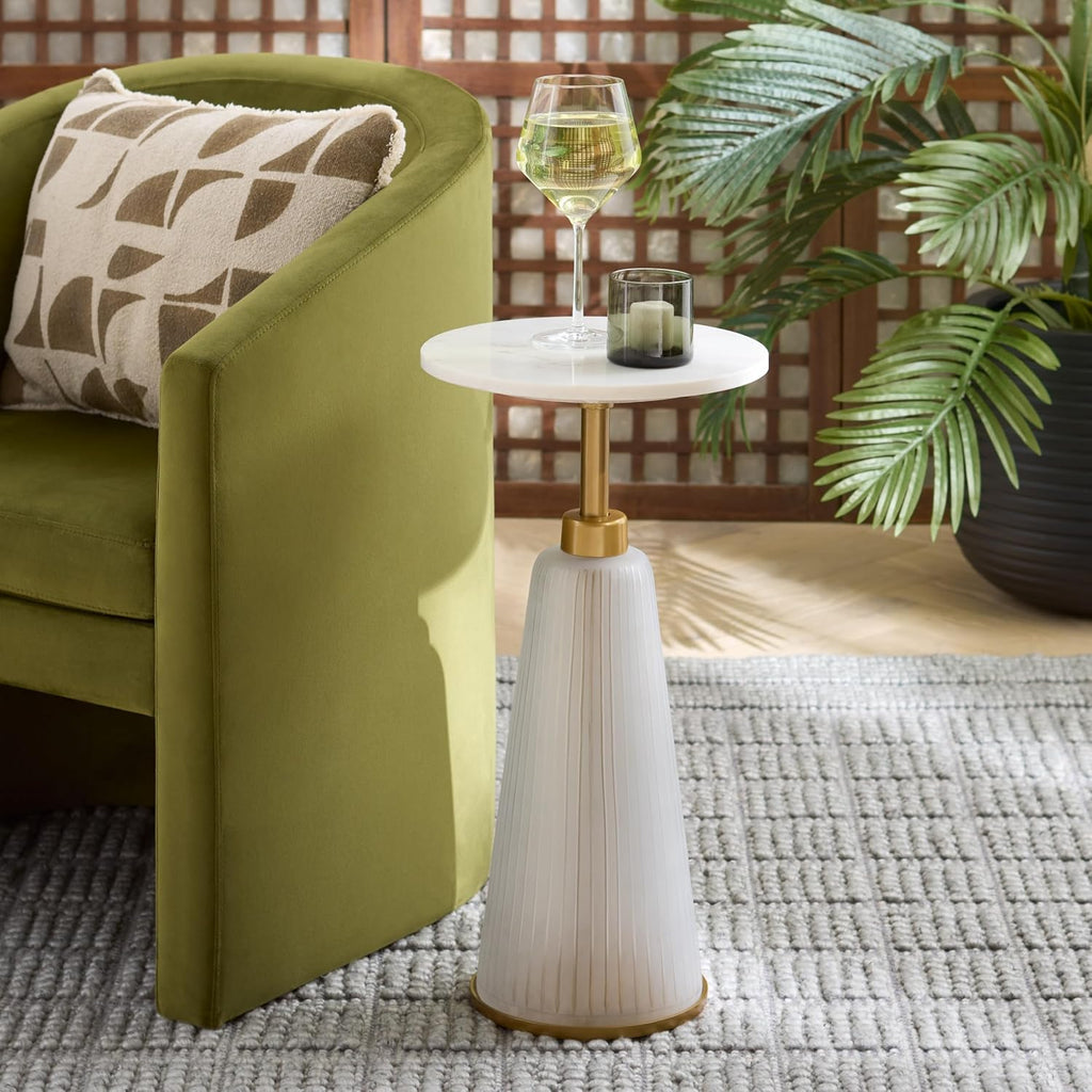 SAFAVIEH Home Collection - Paulon Round Side Table with White Marble Top & Cream Fluted Glass Base, Fully Assembled (ACC3216A)