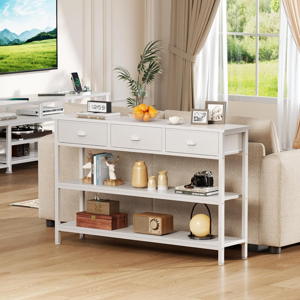 47" console table Set of 2 with 3 Drawers, Sofa Table for Behind Couch | Industrial Hallway Table with Open Wooden Shelves for Hallway, Entry Way, Living Room, Kitchen, Foyer, White