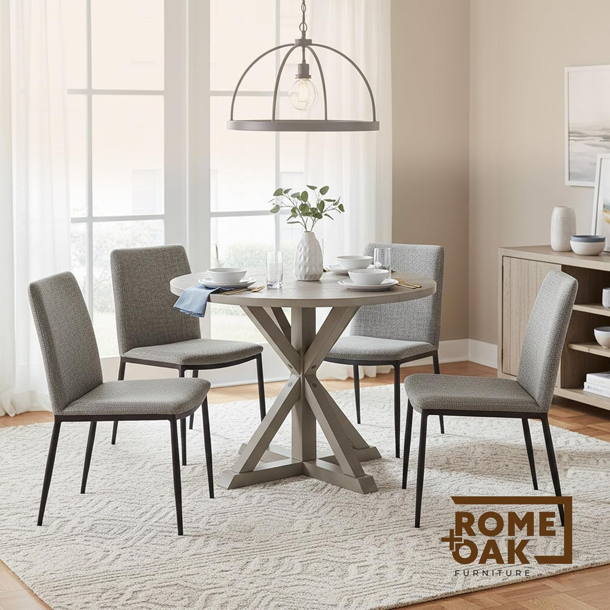 ROME + OAK Spier Modern Dining Table, 40-Inch Round Tabletop with Sturdy Pedestal Base, Rustic Beige - Retro Style Furniture Piece for Homes